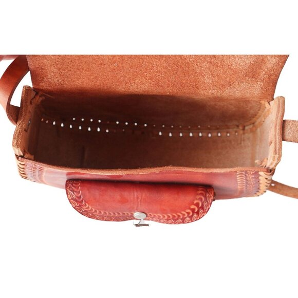 Vintage Handcrafted Mexican Leather Crossbody Bag With Floral & Aztec - Picture 5 of 8